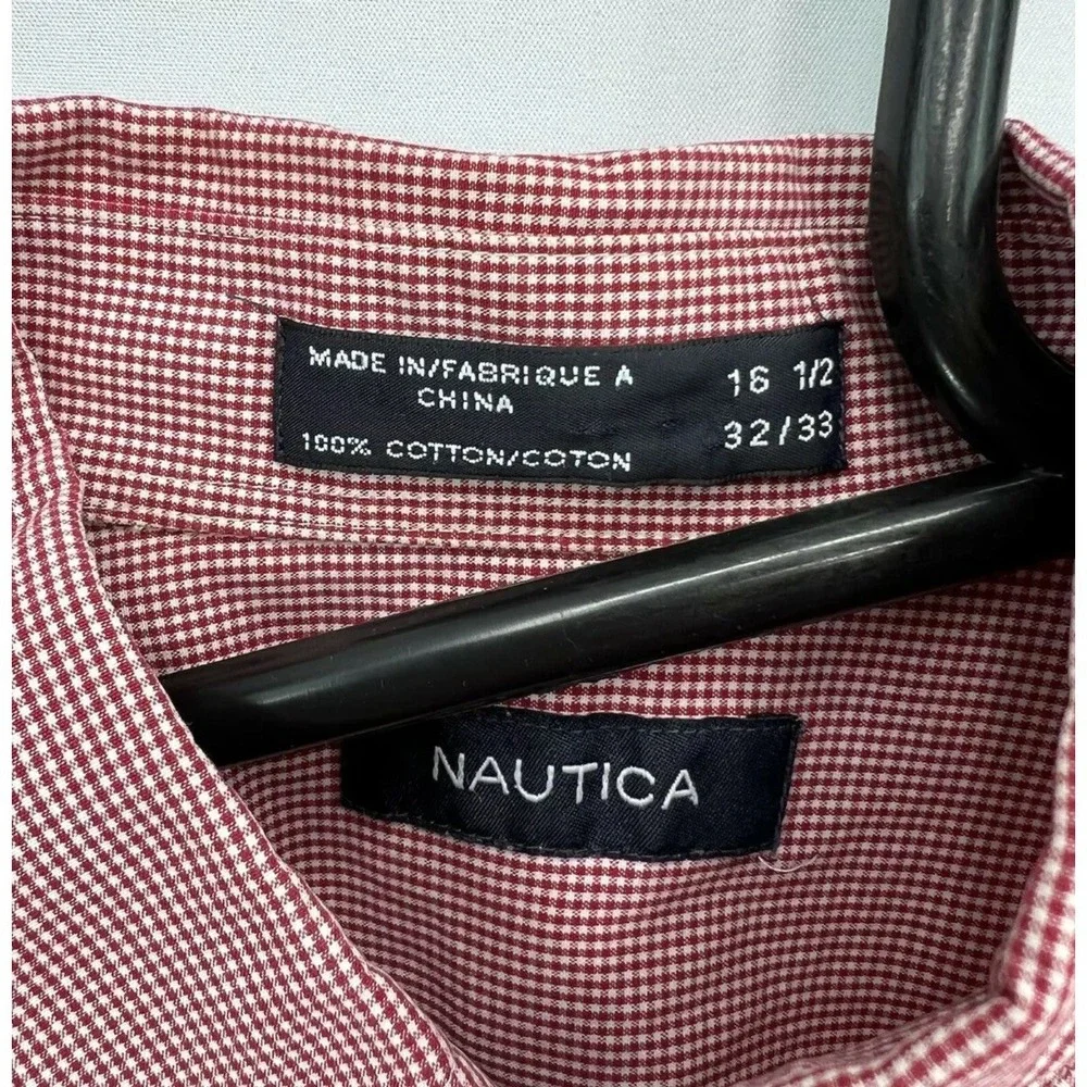 Nautica Mens Red White Gingham Button Down Shirt 16 1/2 32/33 Long Sleeve Cotton